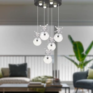 Lokken 5'li Yuvarlak Krom Kristal Ledli Modern Oturma Odası Salon Sarkıt Avize