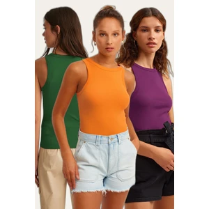 la & vetta Kadın 3'lü Paket Fitilli Halter Yaka Örme Atlet %95 Pamuk %5 Lycra