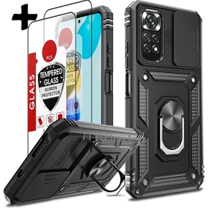 M.TK Moveteck Xiaomi Redmi Note 12 Pro 4g Kılıf Kamera Korumalı Sürgülü Darbeye Dayanaklı Tank Armor Yüzüklü Kılıf + Erkan Koruyucu Cam Set