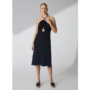 Bisiklet Yaka Armürlü Siyah Midi Kadın Elbise ARIEL