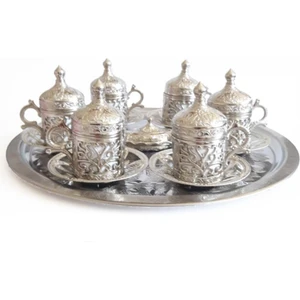 Vayapera 6 Kişilik Gümüş - Bakır Osmanlı Desenli Türk Kahvesi Fincan Takımı - Tepsi Lokumluk Fincan Seti