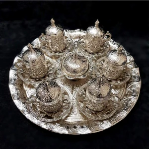 Ipek Bakırcılık 6 Kişilik Gümüş - Bakır Osmanlı Desenli Türk Kahvesi Fincan Takımı - Tepsi Lokumluk Fincan Seti