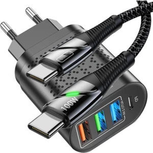 C5 Type-C+3 Usb Port Şarj Adaptörü + C5 Type-C To Type-C 5A/100W Şarj ve Data Kablosu -2mt