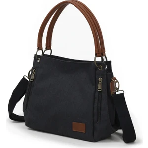 Cappadocia Vintage 3230 Phaselis Kadın Siyah Suya Dayanıklı Kanvas Omuz El Günlük Tote Cepli Çanta