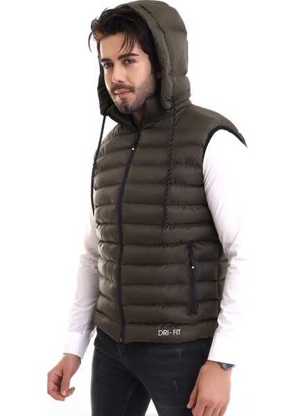 Erkek Haki Iç Cepli Jel Dolgu Çıkartılabilir Fermuarlı Kapüşon Günlük Spor Şişme Yelek modelleri