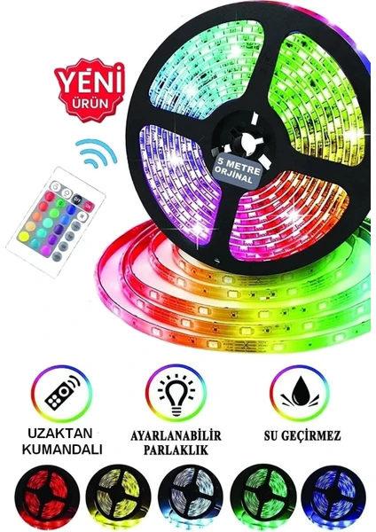 Şerit LED Işık Rgb 5 Metre Hazır Set Tak Çalıştır Kumandalı Adaptörlü Silikonlu