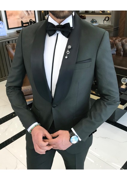 Italyan Kesim Slim Fit Şal Yaka Ceket Pantolon Damatlık Set Yeşil T9181 fiyatları