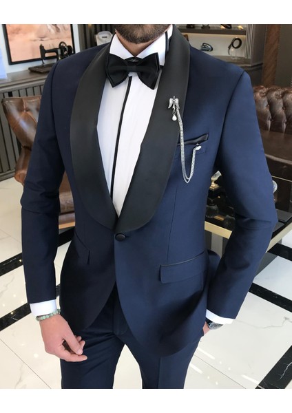 İtalyan kesim slim fit şal yaka ceket pantolon damatlık set lacivert T9183