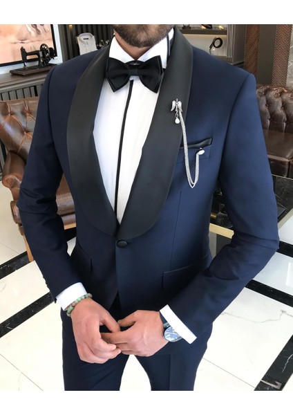 İtalyan kesim slim fit şal yaka ceket pantolon damatlık set lacivert T9183 fiyatları