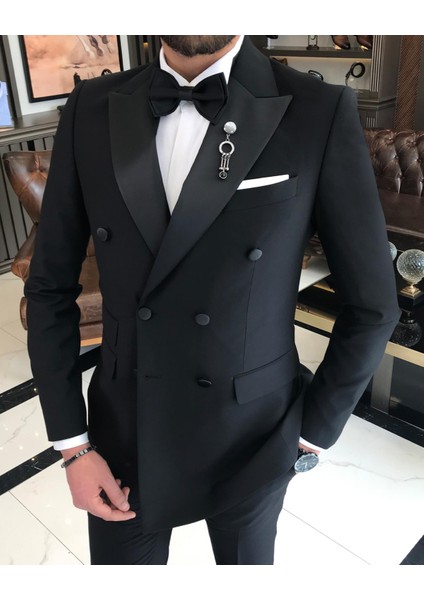 Italyan Kesim Slim Fit Kruvaze Ceket Pantolon Damatlık Set Siyah T9213
