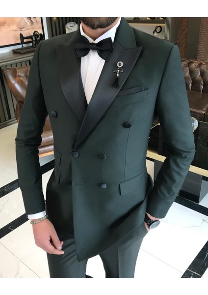 Italyan Kesim Slim Fit Kruvaze Ceket Pantolon Damatlık Set Yeşil T9218