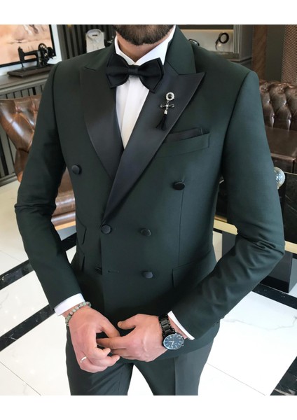 Italyan Kesim Slim Fit Kruvaze Ceket Pantolon Damatlık Set Yeşil T9218