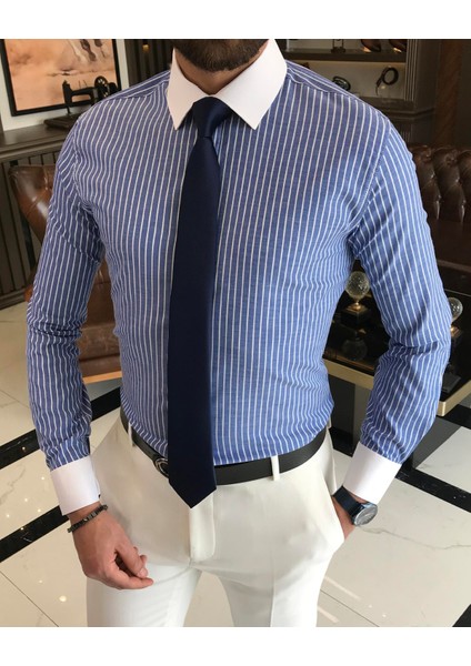 Italyan Stil Slim Fit Çizgili Erkek Kravat Yaka Gömlek Mavi T9222
