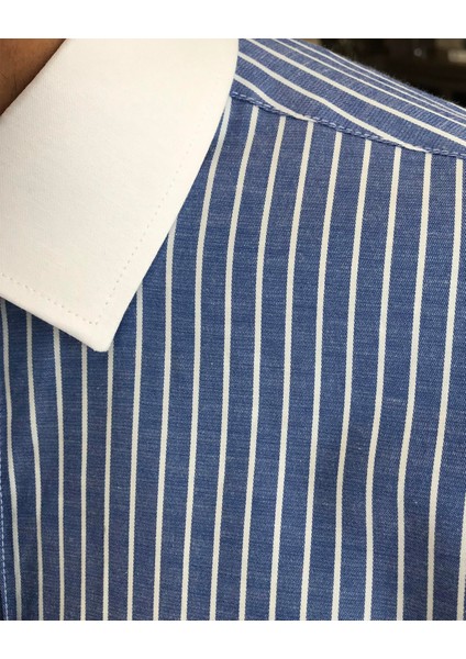 Italyan Stil Slim Fit Çizgili Erkek Kravat Yaka Gömlek Mavi T9222 modelleri