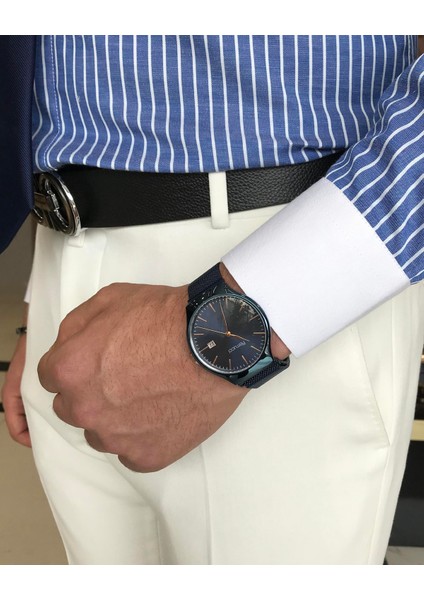 Italyan Stil Slim Fit Çizgili Erkek Kravat Yaka Gömlek Mavi T9222 fırsatları