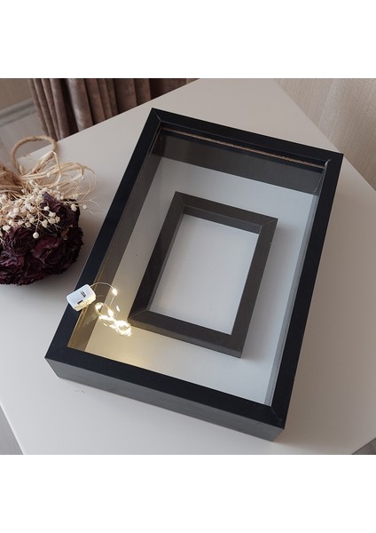 25X35 cm Siyah Yatay Fotoğraf Alanlı Model Tasarım Gül Kutusu Anı Çerçevesi! Isimsiz Ledli!
