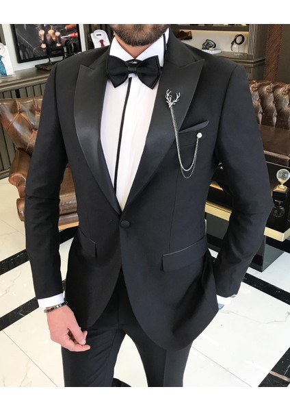 Italyan Kesim Slim Fit Sivri Yaka Ceket Pantolon Damatlık Set Siyah T9193