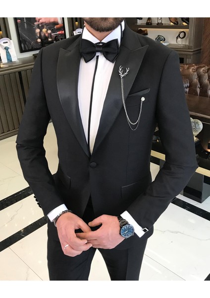 Italyan Kesim Slim Fit Sivri Yaka Ceket Pantolon Damatlık Set Siyah T9193