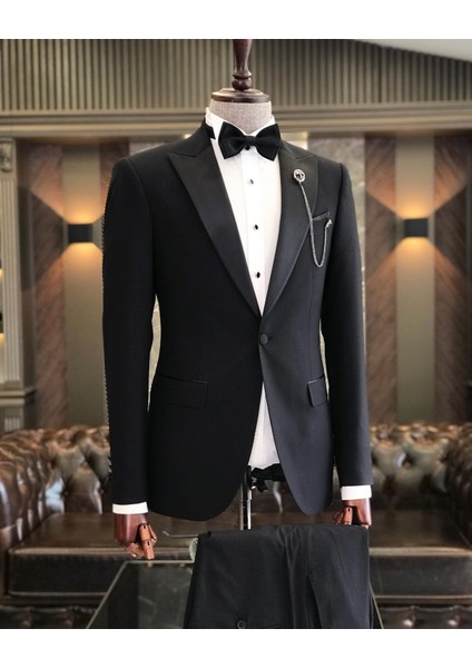 Italyan Kesim Slim Fit Sivri Yaka Ceket Pantolon Damatlık Set Siyah T9193