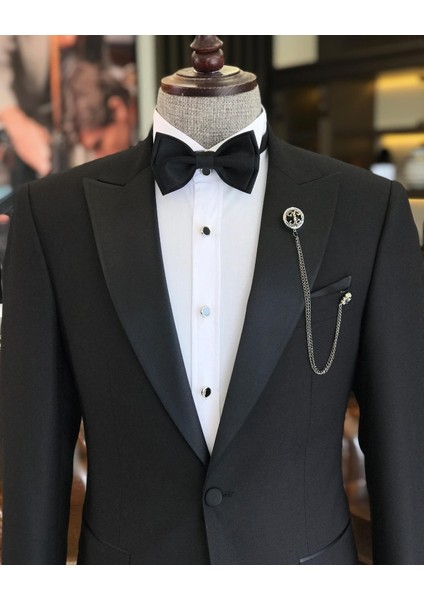 Italyan Kesim Slim Fit Sivri Yaka Ceket Pantolon Damatlık Set Siyah T9193