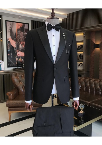Italyan Kesim Slim Fit Sivri Yaka Ceket Pantolon Damatlık Set Siyah T9193
