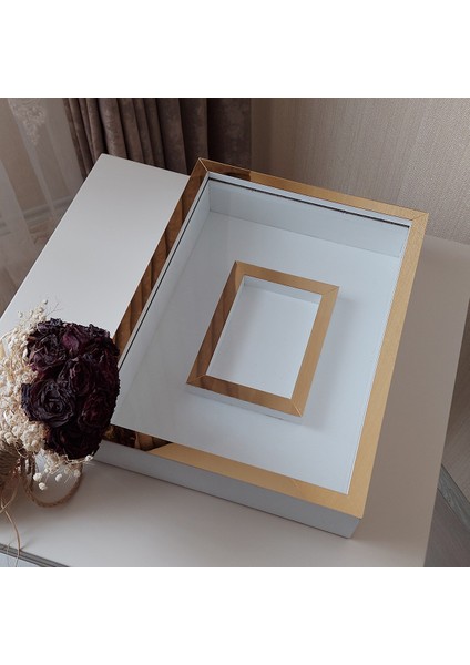 30X40 cm Ledsiz Beyaz-Gold Renkli Fotoğraf Bölümlü Tasarım Gül Kutusu Anı Çerçevesi! Isimsiz
