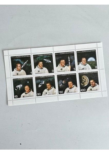 Uzay ve Astronotlar Temalı Ekvator Ginesi Damgasız 8'li Blok Pul modelleri