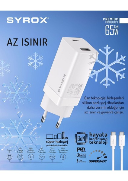 65W Gan ve Pd Süper Hızlı Turbo Şarj Type-C ve USB A Çift Girişli Şarj Adaptörü/ Type-C Kablo fiyatları