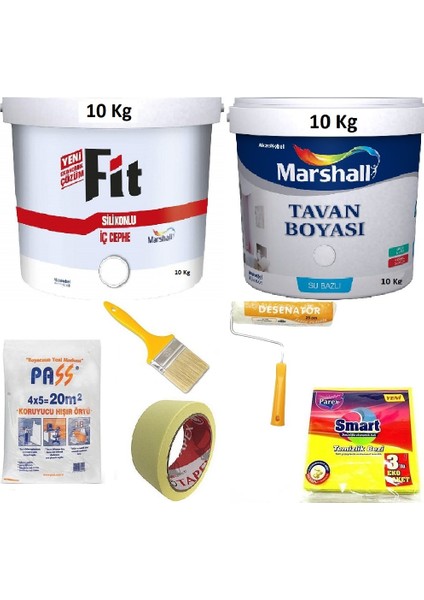 Fit Silikonluı İç Cephe Boyası 10 kg + Marshall Tavan Boyası 10 kg + 5 Parça Boyama Seti