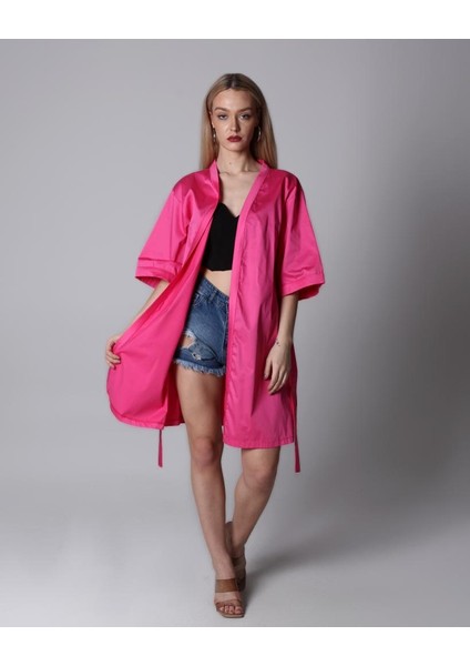 Kadın Pembe Kuşaklı Saten Kimono KİM01