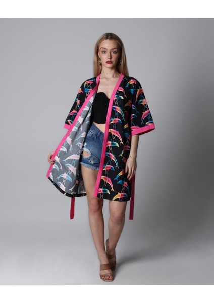 Kadın Multicolor Kuşaklı Saten Kimono KİM02