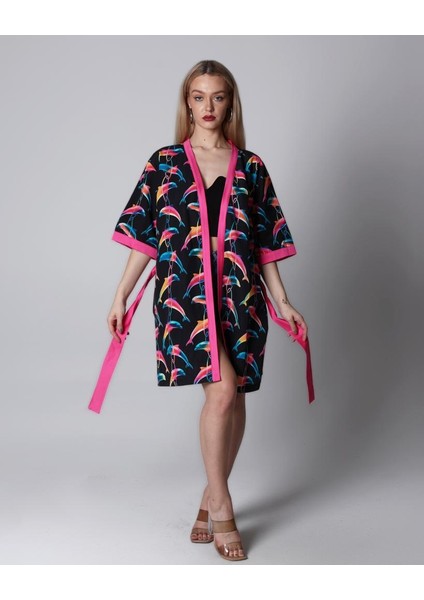 Kadın Multicolor Kuşaklı Saten Kimono KİM02