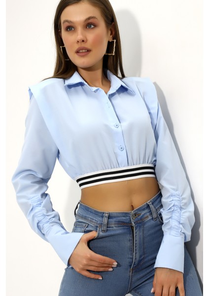 Kadın Açık Mavi Uzun Kollu Crop Detaylı Poplin Gömlek HZL23W-DSB110091