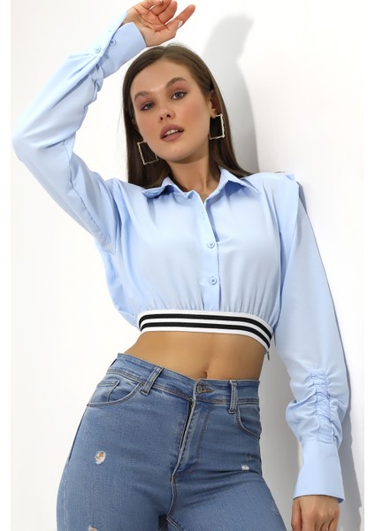 Kadın Açık Mavi Uzun Kollu Crop Detaylı Poplin Gömlek HZL23W-DSB110091 fiyatları