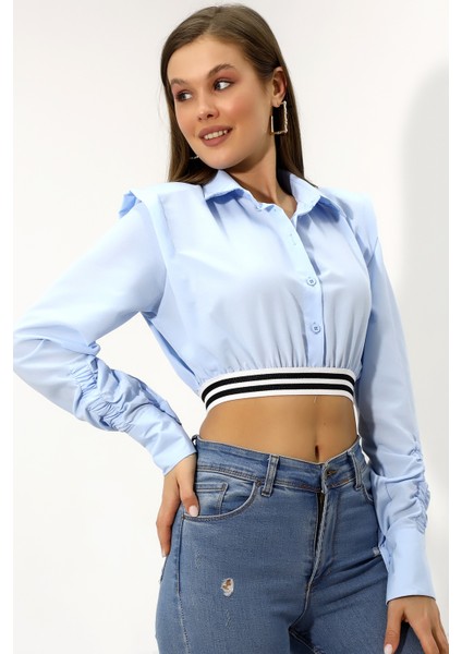 Kadın Açık Mavi Uzun Kollu Crop Detaylı Poplin Gömlek HZL23W-DSB110091 modelleri