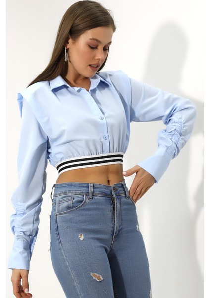 Kadın Açık Mavi Uzun Kollu Crop Detaylı Poplin Gömlek HZL23W-DSB110091 fırsatları