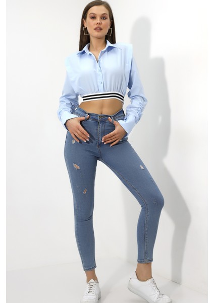 Kadın Açık Mavi Uzun Kollu Crop Detaylı Poplin Gömlek HZL23W-DSB110091 indirimleri