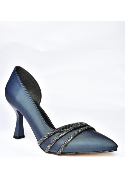 P246068504 Lacivert Kumaş Ince Topuklu Kadın Abiye Ayakkabı