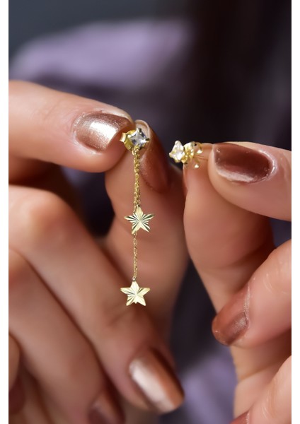 925 Ayar Gümüş Gold Kaplama Kalemli Çift Zincir Yıldız ve Tektaş Küpe