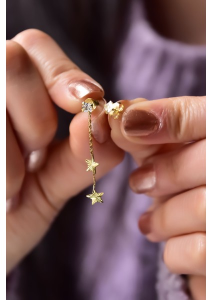 925 Ayar Gümüş Gold Kaplama Kalemli Çift Zincir Yıldız ve Tektaş Küpe modelleri