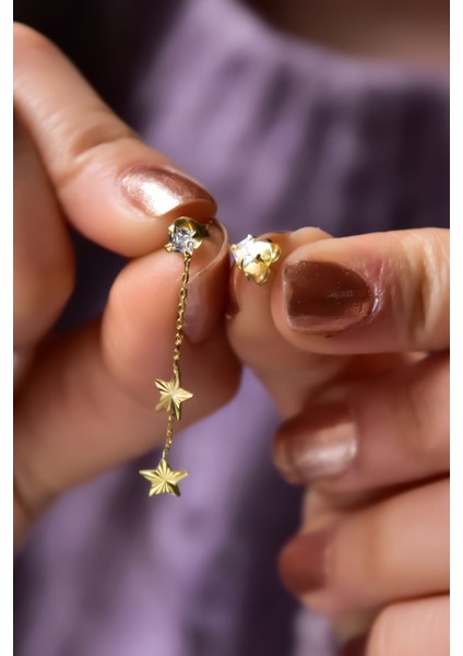 925 Ayar Gümüş Gold Kaplama Kalemli Çift Zincir Yıldız ve Tektaş Küpe fırsatları