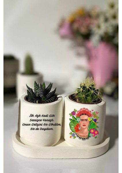 Tabaklı Frida Baskılı Mini Saksı Seti Hediyelik Dekoratif (Çiçeksiz)