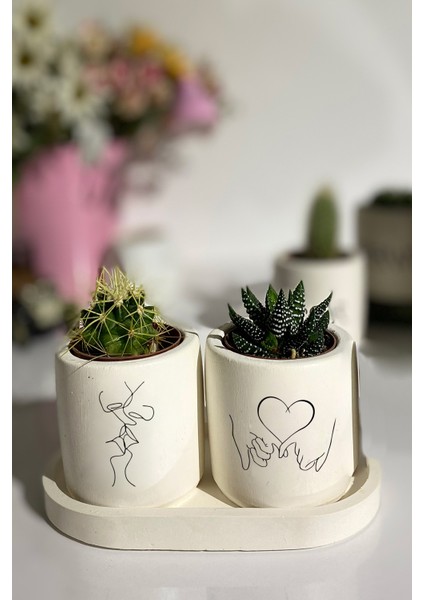 Tabaklı Kadın Baskılı Mini Saksı Seti Hediyelik Dekoratif (Çiçeksiz)