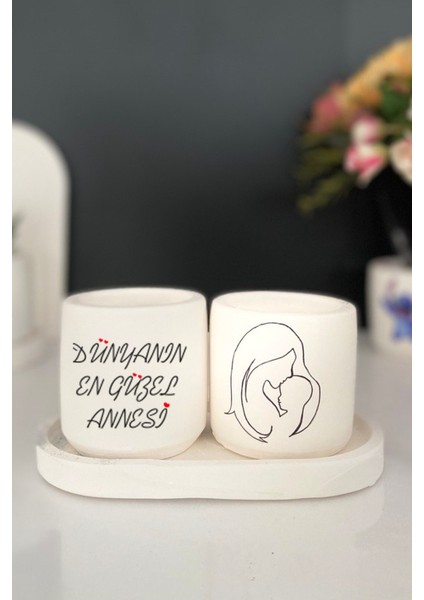 Tabaklı Anne Teması 1 Çizimli Mini Saksı Seti Hediyelik Dekoratif (Çiçeksiz) Anneler Günü Hediyesi