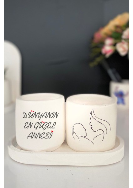 Tabaklı Anne Teması 3 Çizimli Mini Saksı Seti Hediyelik Dekoratif (Çiçeksiz) Anneler Günü Hediyesi