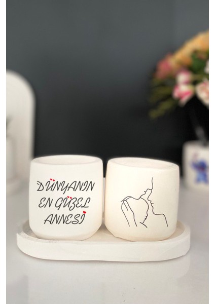 Tabaklı Anne Teması 5 Çizimli Mini Saksı Seti Hediyelik Dekoratif (Çiçeksiz) Anneler Günü Hediyesi