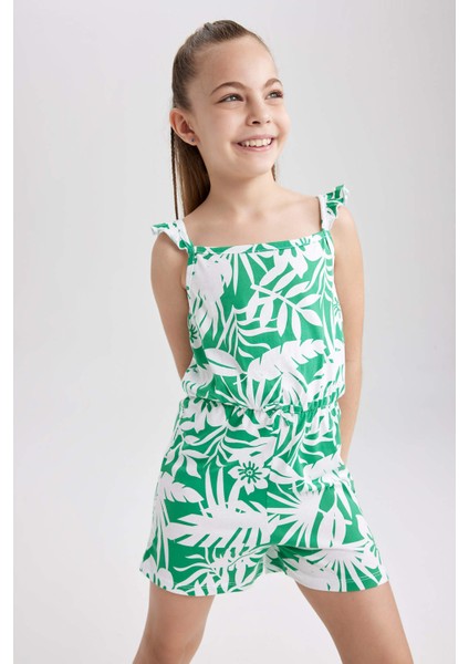 Kız Çocuk Desenli Askılı Pamuklu Kısa Tulum T2733A623HS