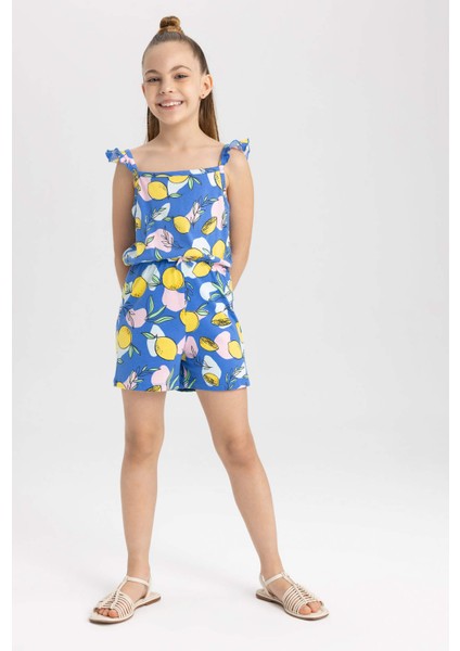 Kız Çocuk Desenli Askılı Pamuklu Kısa Tulum T2733A623HS