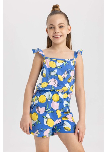 Kız Çocuk Desenli Askılı Pamuklu Kısa Tulum T2733A623HS fiyatları