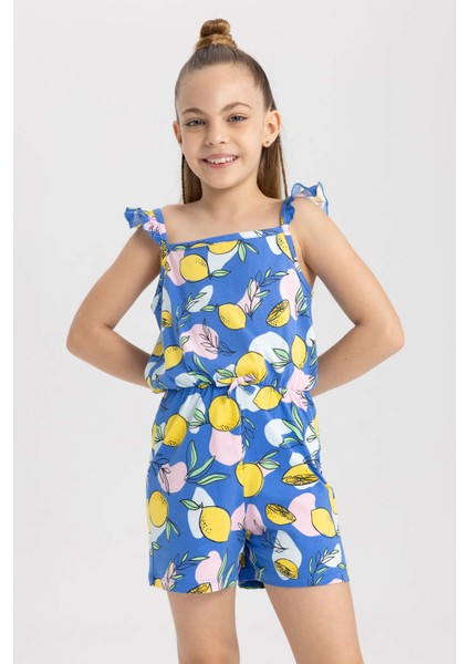 Kız Çocuk Desenli Askılı Pamuklu Kısa Tulum T2733A623HS fırsatları